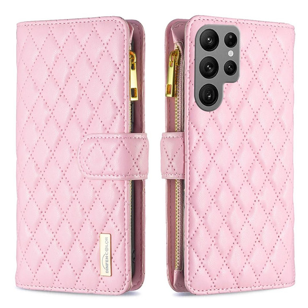 For Samsung Galaxy S23 Ultra 5G Diamond Lattice Zipper Wallet Leatherette Flip Phone Case(Pink)