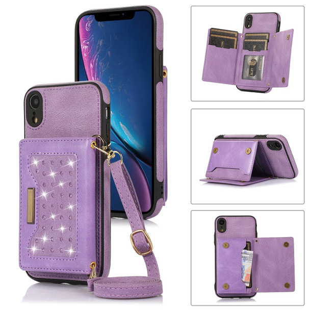 For iPhone XR Three-fold RFID Leatherette Phone Case with Lanyard(Purple)