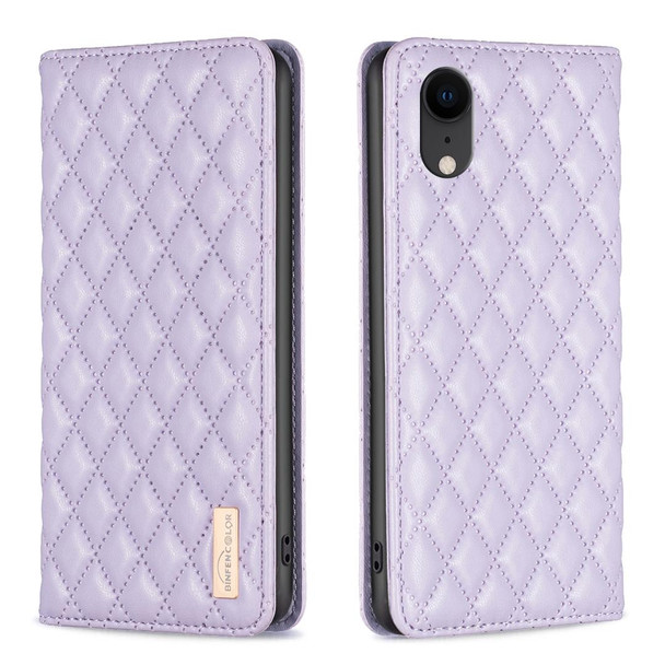 For iPhone XR Diamond Lattice Magnetic Leatherette Flip Phone Case(Purple)