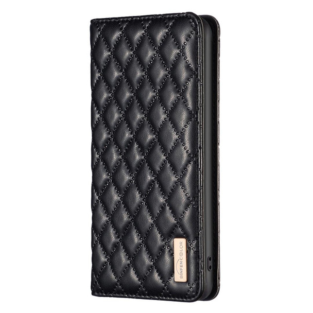 For iPhone 14 Diamond Lattice Magnetic Leatherette Flip Phone Case(Black)