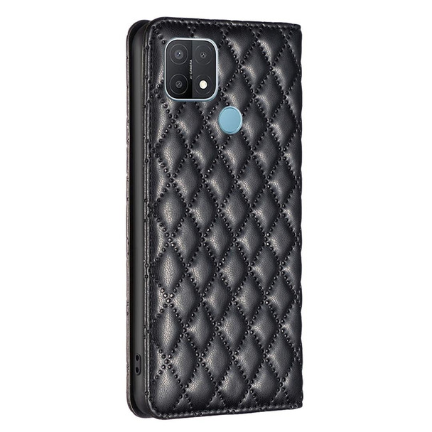 For OPPO A15 Diamond Lattice Magnetic Leatherette Flip Phone Case(Black)