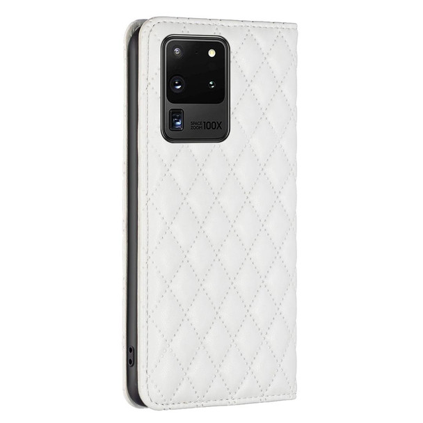 For Samsung Galaxy S20 Ultra Diamond Lattice Magnetic Leatherette Flip Phone Case(White)