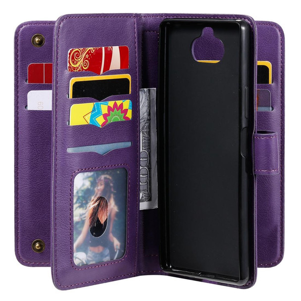 Sony Xpeira 8 Multifunctional Magnetic Copper Buckle Horizontal Flip Solid Color Leather Case with 10 Card Slots & Wallet & Holder & Photo Frame(Purple)