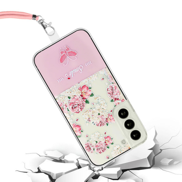 For Samsung Galaxy S22 5G Bronzing Butterfly Flower TPU Phone Case with Lanyard(Peony)