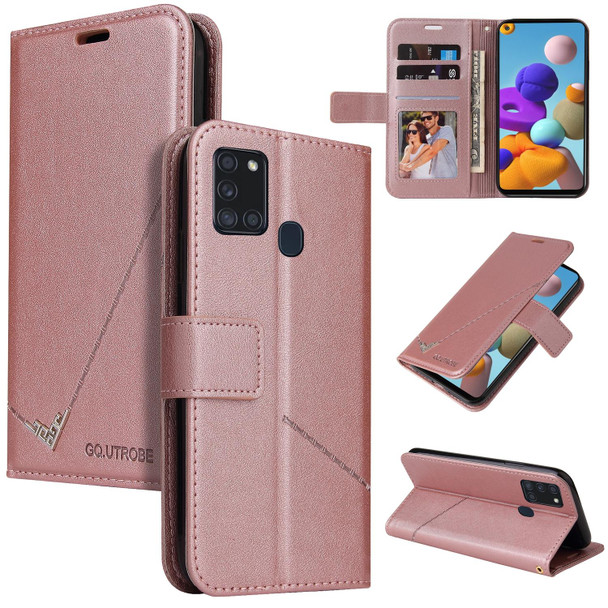 For Samsung Galaxy A21s GQUTROBE Right Angle Leatherette Phone Case(Rose Gold)