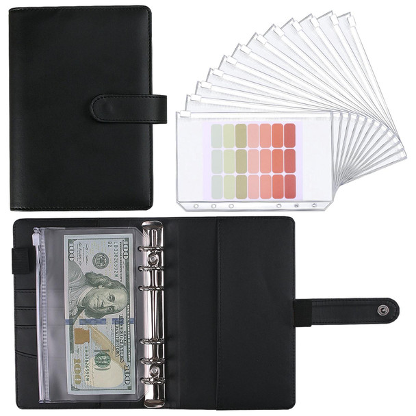 A6 Macaron Notebook PU Loose-leaf Cash Budget Handbook(Black)