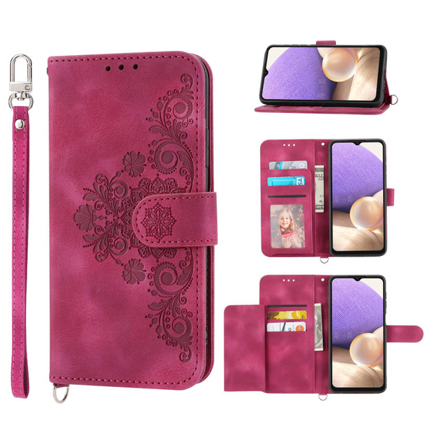 For Samsung Galaxy A32 4G Skin-feel Flowers Embossed Wallet Leatherette Phone Case(Wine Red)