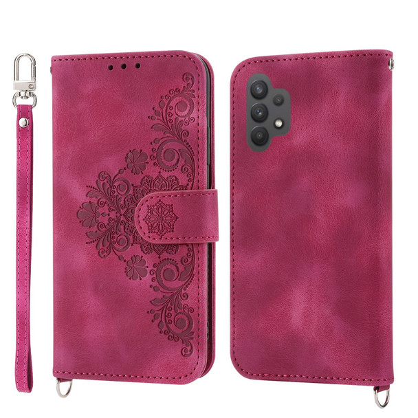 For Samsung Galaxy A32 4G Skin-feel Flowers Embossed Wallet Leatherette Phone Case(Wine Red)