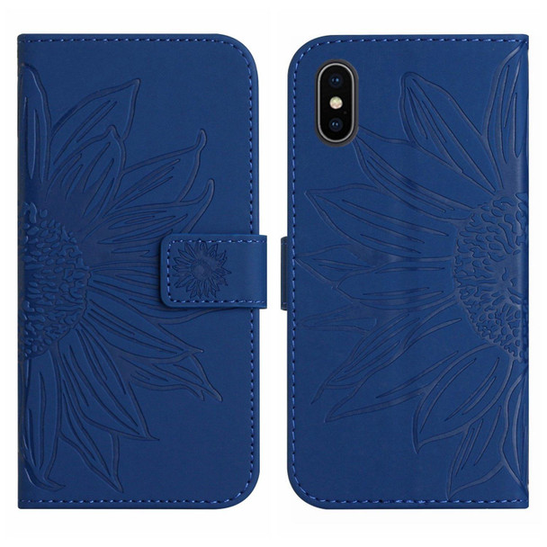 For iPhone XS Max Skin Feel Sun Flower Pattern Flip Leatherette Phone Case with Lanyard(Dark Blue)