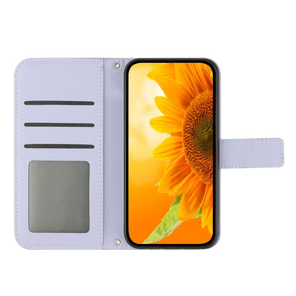 For iPhone XR Skin Feel Sun Flower Pattern Flip Leatherette Phone Case with Lanyard(Purple)