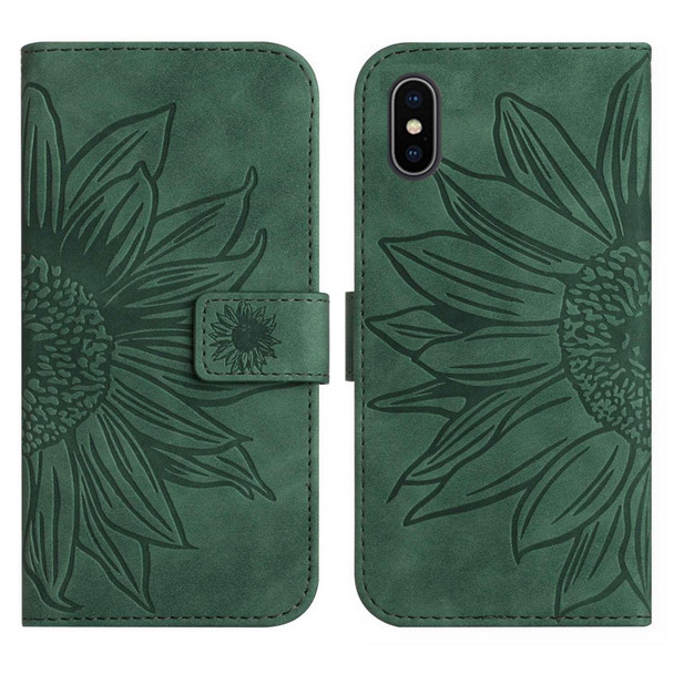 For iPhone X / XS Skin Feel Sun Flower Pattern Flip Leatherette Phone Case with Lanyard(Green)