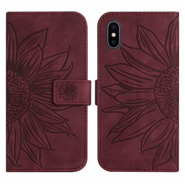 For iPhone XS Max Skin Feel Sun Flower Pattern Flip Leatherette Phone Case with Lanyard(Wine Red)