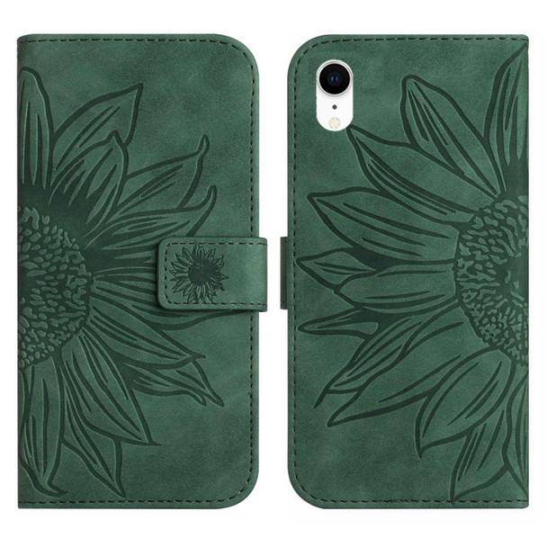 For iPhone XR Skin Feel Sun Flower Pattern Flip Leatherette Phone Case with Lanyard(Green)