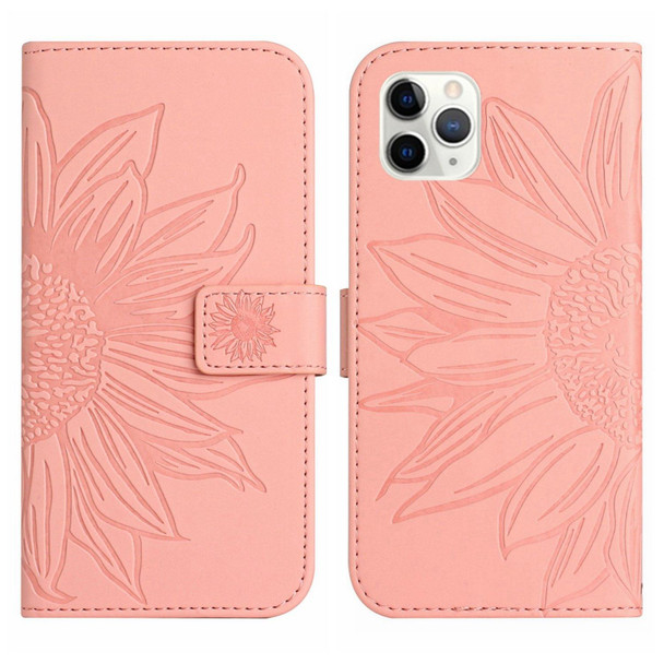 For iPhone 11 Pro Max Skin Feel Sun Flower Pattern Flip Leatherette Phone Case with Lanyard(Pink)