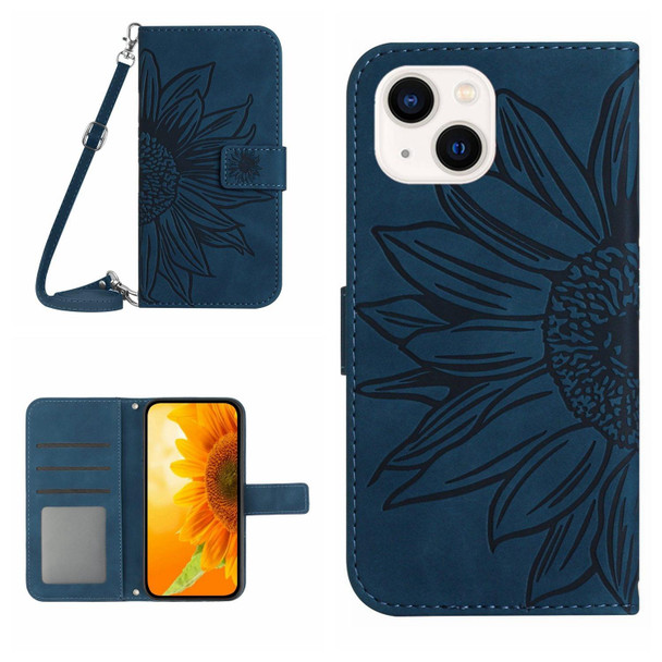 For iPhone 14 Skin Feel Sun Flower Pattern Flip Leatherette Phone Case with Lanyard(Inky Blue)