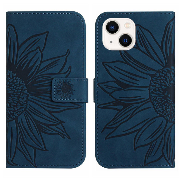 For iPhone 14 Skin Feel Sun Flower Pattern Flip Leatherette Phone Case with Lanyard(Inky Blue)