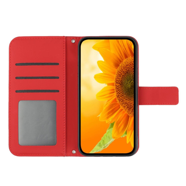 For iPhone 11 Pro Max Skin Feel Sun Flower Pattern Flip Leatherette Phone Case with Lanyard(Red)
