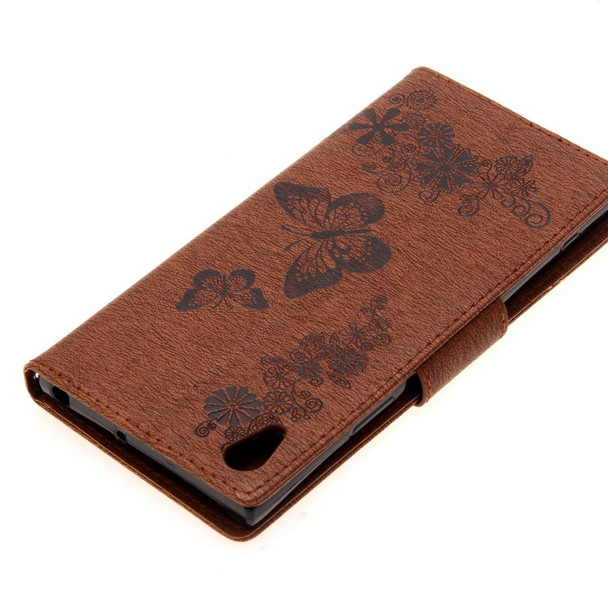 Sony Xperia XA1 Pressed Flowers Butterfly Pattern Horizontal Flip Leather Case with Holder & Card Slots & Wallet(Brown)