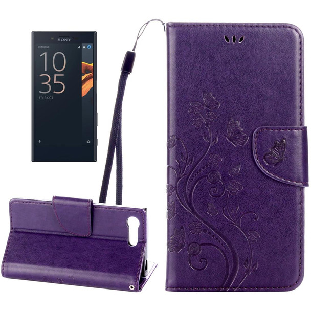 Sony Xperia X Compact Butterflies Love Flowers Embossing Horizontal Flip Leather Case with Holder & Card Slots & Wallet & Lanyard(Dark Purple)