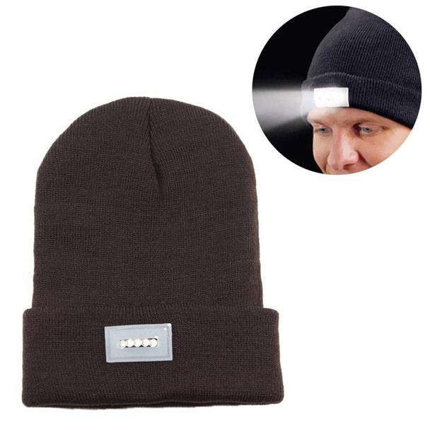 Unisex Warm Winter Polyacrylonitrile Knit Hat Adult Head Cap with 5 LED Light (Coffee)