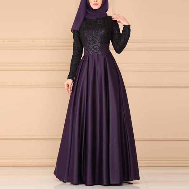 Lace Stitching Retro Large Swing Dress Ethnic Style Long-Sleeved Slim Dress, Size:XXXL(Blue)