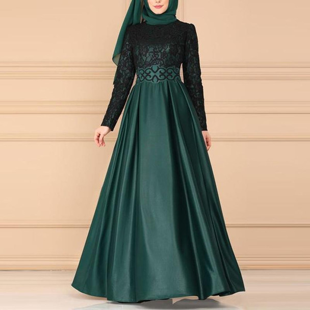 Lace Stitching Retro Large Swing Dress Ethnic Style Long-Sleeved Slim Dress, Size:XXXXXL(Dark Green)