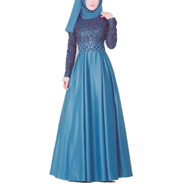 Lace Stitching Retro Large Swing Dress Ethnic Style Long-Sleeved Slim Dress, Size:XXL(Blue)