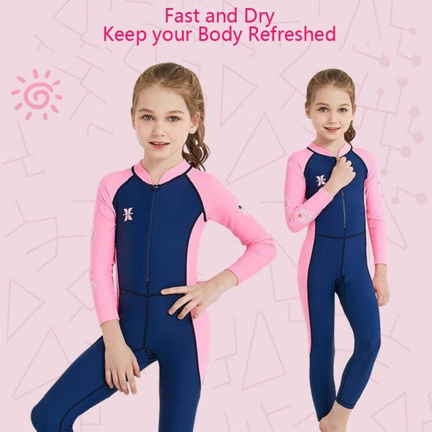 DIVE&SAIL Children Diving Suit Outdoor Long-sleeved One-piece Swimsuit Sunscreen Swimwear, Size: L(Girls Dark Blue)