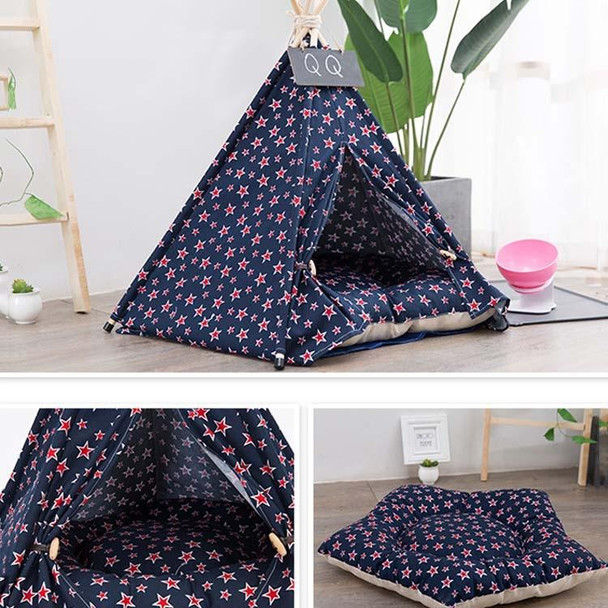 Cotton Canvas Pet Tent Cat and Dog Bed with Cushion, Specification: Large 606070cm(Navy Red Five-pointed Star)