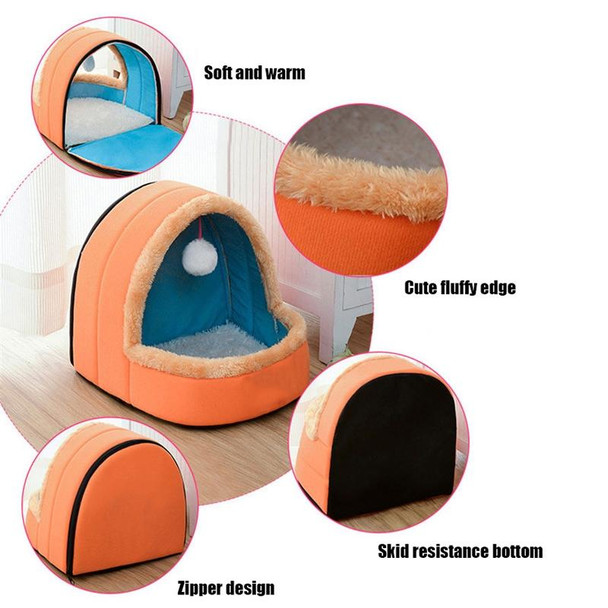 Pet Dog Cat  Warm Soft Bed Pet Cushion Dog Kennel Cat Castle Foldable Puppy House with Toy Ball, Size:L(Orange)