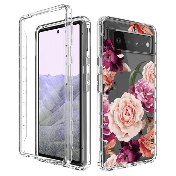 For Google Pixel 6 Pro PC+TPU Transparent Painted Phone Case(Purple Floral)