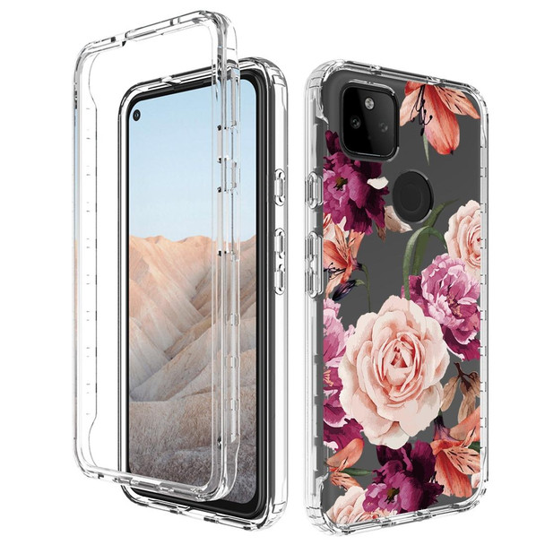 For Google Pixel 5a 5G PC+TPU Transparent Painted Phone Case(Purple Floral)