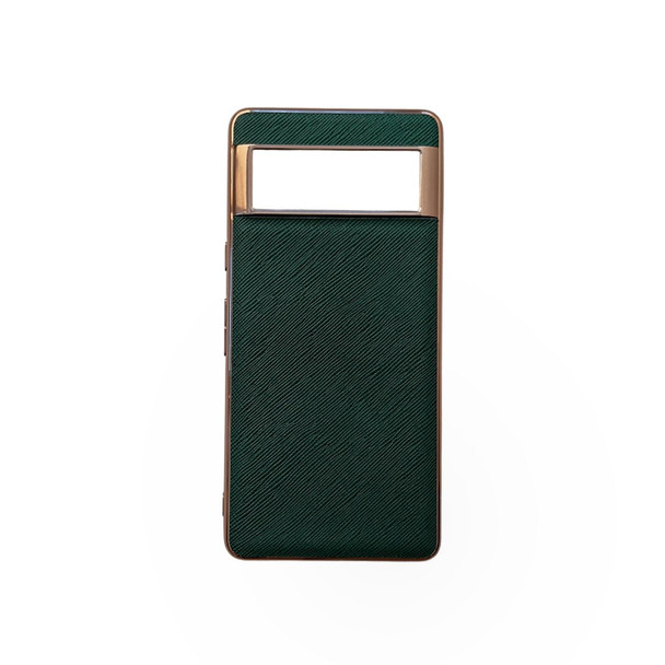 For Google Pixel 6 Nano Electroplating Cross Texture Genuine Leatherette Phone Case(Green)
