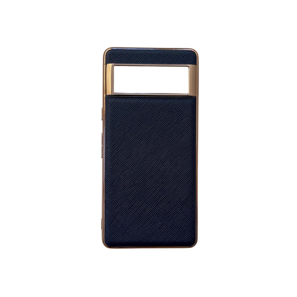 For Google Pixel 7 Pro 5G Nano Electroplating Cross Texture Genuine Leatherette Phone Case(Blue)