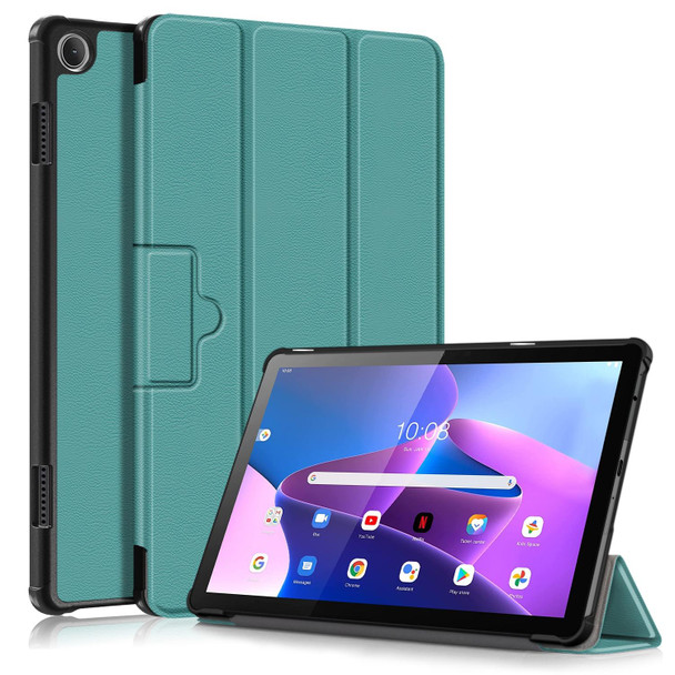 For Lenovo Tab M10 10.1 3rd Gen 3-folding Magnetic Buckle Custer Texture Leatherette Smart Tablet Case(Dark Green)