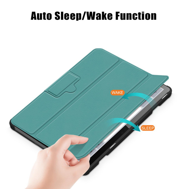 For Lenovo Tab M10 10.1 3rd Gen 3-folding Magnetic Buckle Custer Texture Leatherette Smart Tablet Case(Dark Green)