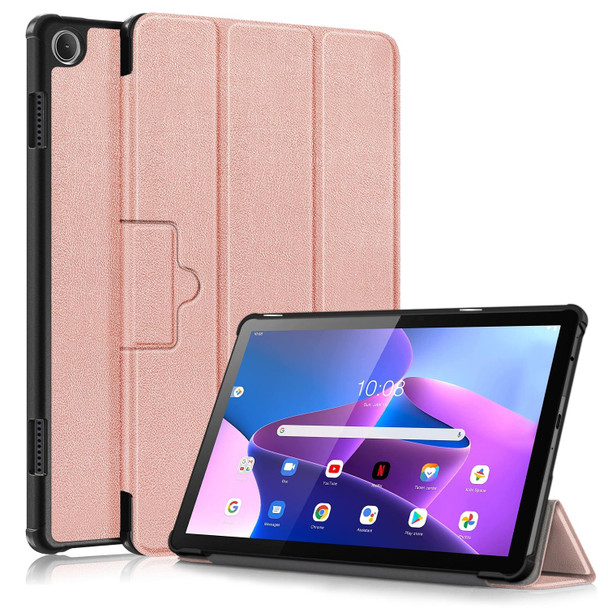 For Lenovo Tab M10 10.1 3rd Gen 3-folding Magnetic Buckle Custer Texture Leatherette Smart Tablet Case(Rose Gold)