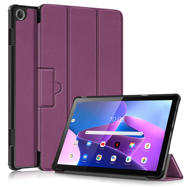 For Lenovo Tab M10 10.1 3rd Gen 3-folding Magnetic Buckle Custer Texture Leatherette Smart Tablet Case(Purple)