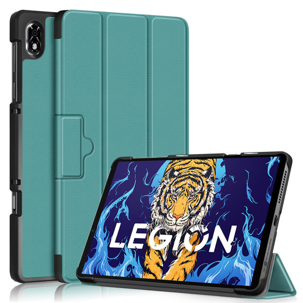 For Lenovo Legion Y700 3-folding Magnetic Buckle Custer Texture Leatherette Smart Tablet Case(Dark Green)