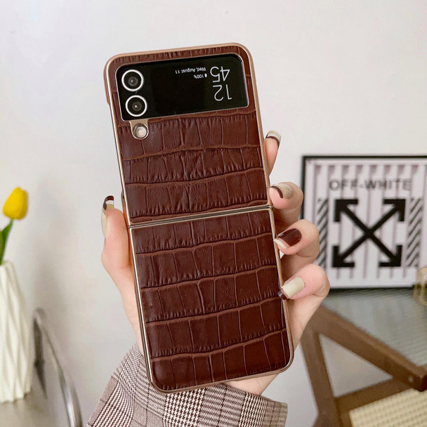 For Samsung Galaxy Z Flip3 5G Crocodile Texture Genuine Leatherette Electroplating Phone Case(Brown)