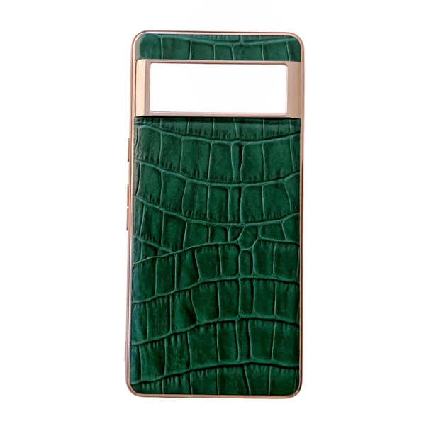 For Google Pixel 7 Crocodile Texture Genuine Leatherette Electroplating Phone Case(Dark Green)