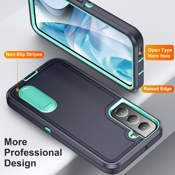 For Samsung Galaxy S23 5G 3 in 1 Rugged Holder Phone Case(Dark Blue+Light Blue)