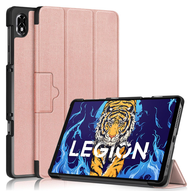 For Lenovo Legion Y700 3-folding Magnetic Buckle Custer Texture Leatherette Smart Tablet Case(Rose Gold)