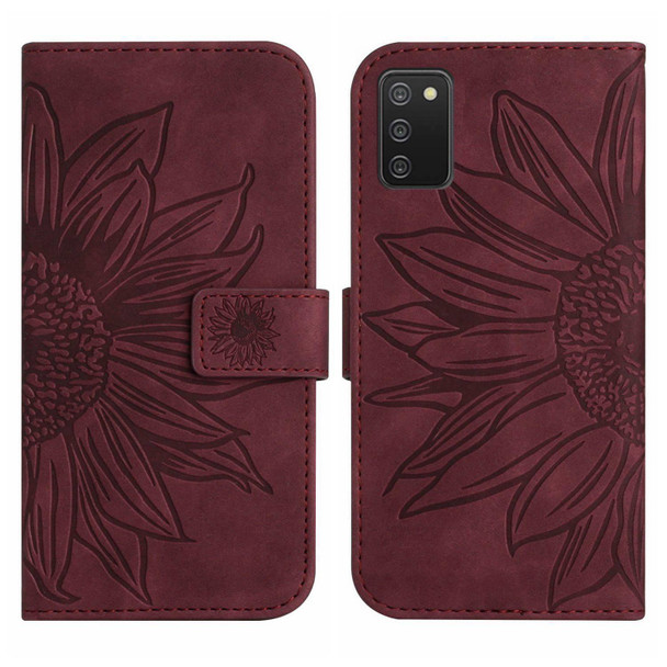 For Samsung Galaxy A03S 165.85mm Skin Feel Sun Flower Pattern Flip Leatherette Phone Case with Lanyard(Wine Red)