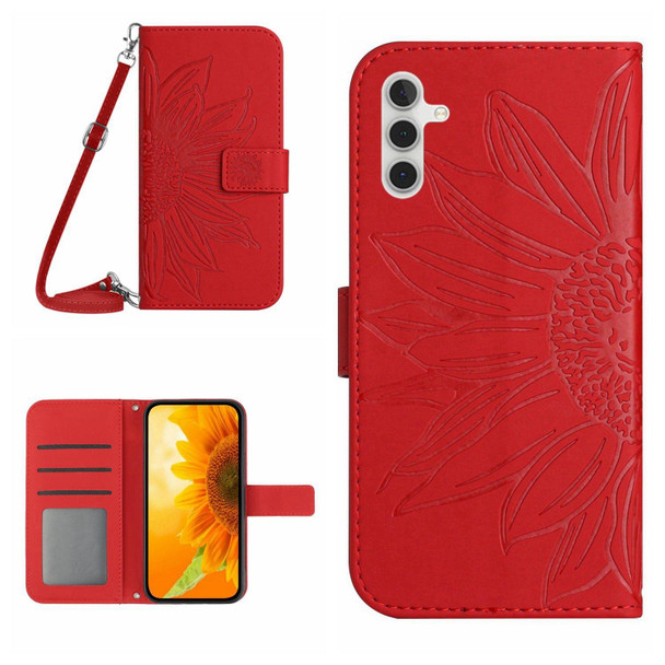 For Samsung Galaxy A04S Skin Feel Sun Flower Pattern Flip Leatherette Phone Case with Lanyard(Red)