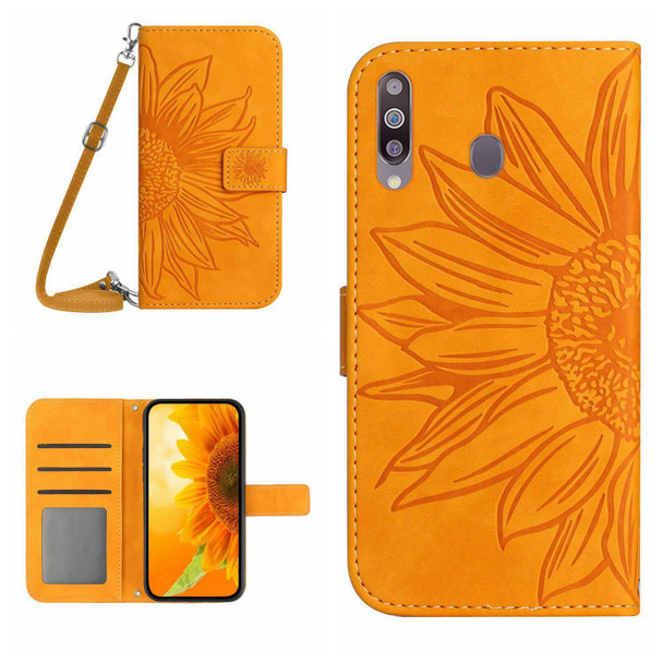 For Samsung Galaxy A20S Skin Feel Sun Flower Pattern Flip Leatherette Phone Case with Lanyard(Yellow)