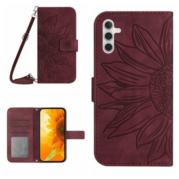 For Samsung Galaxy A04S Skin Feel Sun Flower Pattern Flip Leatherette Phone Case with Lanyard(Wine Red)