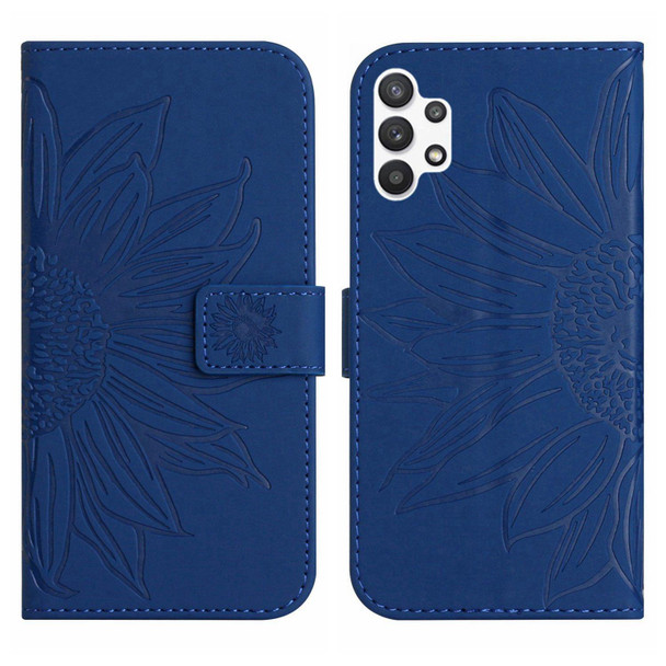 For Samsung Galaxy A32 5G Skin Feel Sun Flower Pattern Flip Leatherette Phone Case with Lanyard(Dark Blue)