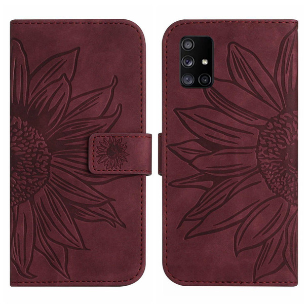 For Samsung Galaxy A71 Skin Feel Sun Flower Pattern Flip Leatherette Phone Case with Lanyard(Wine Red)