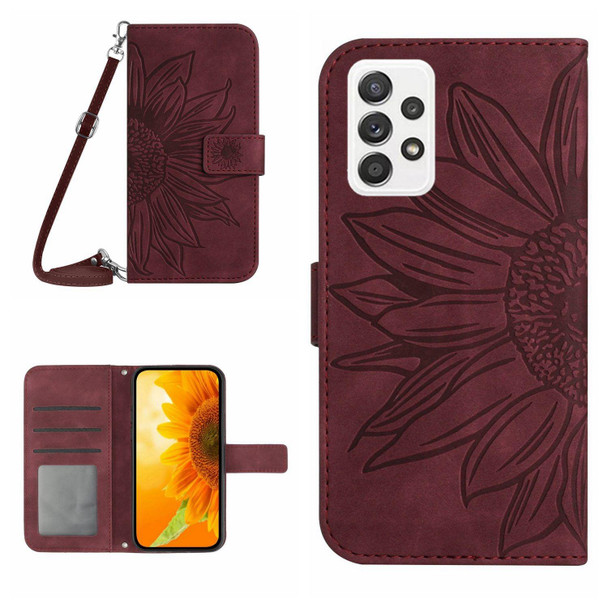 For Samsung Galaxy A52/A52S Skin Feel Sun Flower Pattern Flip Leatherette Phone Case with Lanyard(Wine Red)